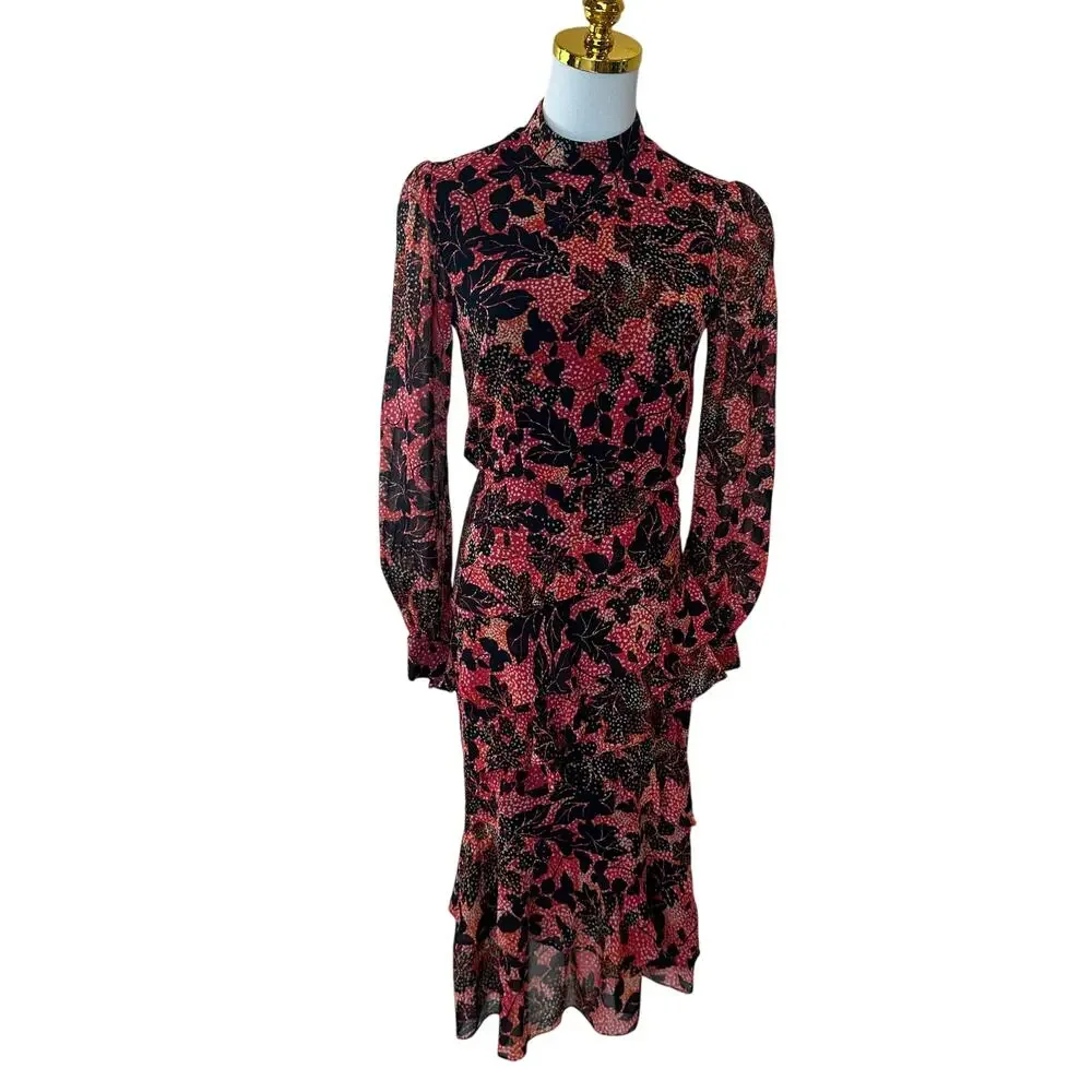 Saloni Floral Chiffon Midi Dress SIZE 4 Silk Ruffle Mockneck Work Designer $700 - Picture 8 of 12